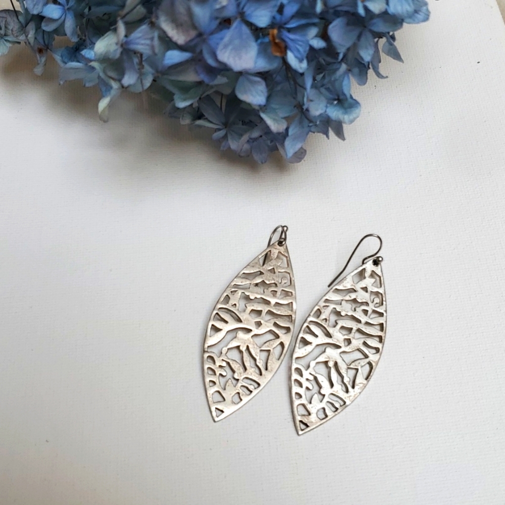 Boho Silver Leaf Laser Cut Design Dangle Earrings. - image 1
